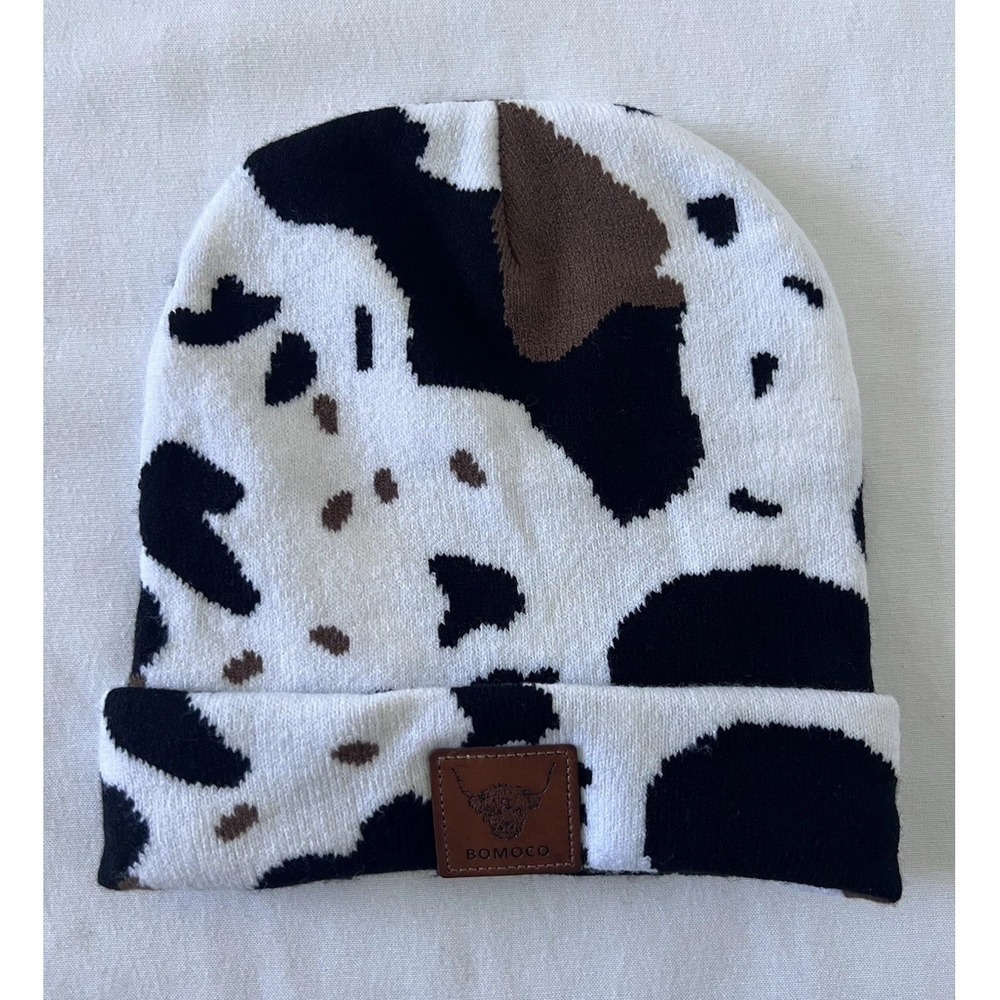 BOMOCO Cow Animal Print Knit Beanie Hat in White, Black, And Brown - Picture 1 of 6